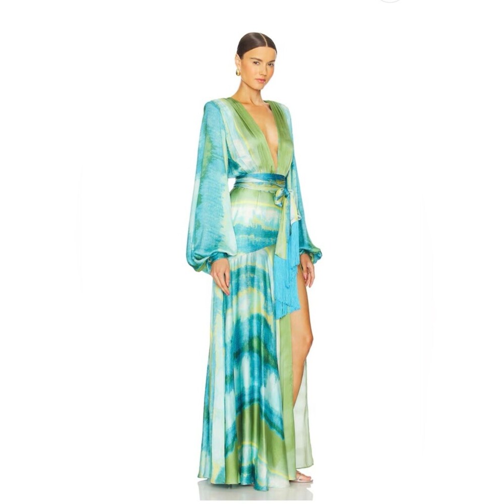 NEW BRONX BANCO Carmen Coastal Gown in Blue & Green ,Plunge Wrap Maxi Dress - Picture 2 of 16